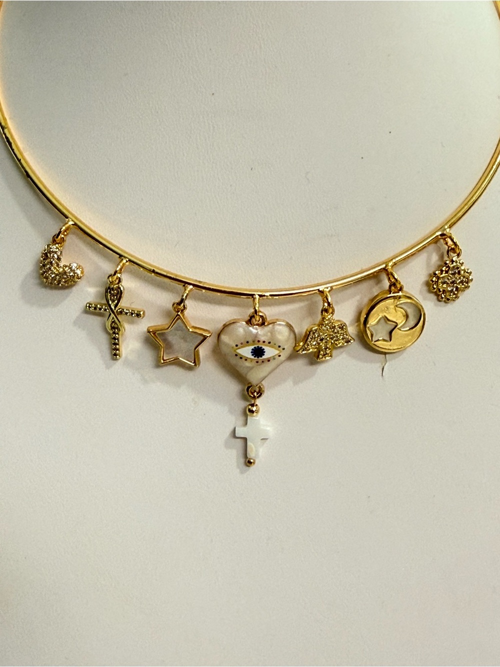 Gold Charm Choker Necklace with Heart, Cross & Star Pendants - Picture 3 of 5
